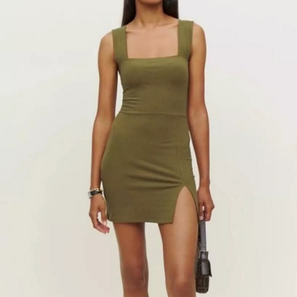 Reformation Dresses & Skirts - Reformation Laurena Ribbed Knit Dress Green Mini Dress Slit Women's Medium